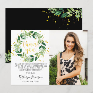 Chic Greenery Wreath Gold Glitter Afstuderen Foto Bedankkaart