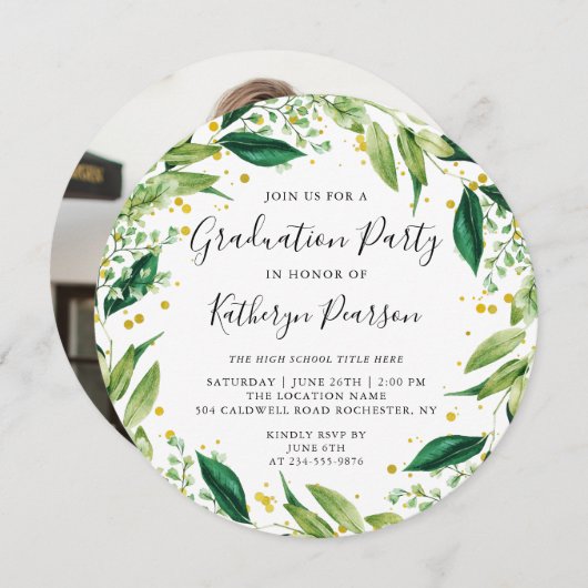 Chic Greenery Wreath Gold Glitter Afstuderen Foto Kaart (Voorkant / Achterkant)