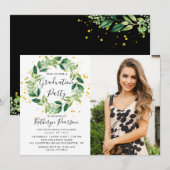 Chic Greenery Wreath Gold Glitter Afstuderen Foto Kaart (Voorkant / Achterkant)