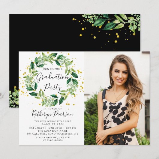 Chic Greenery Wreath Gold Glitter Afstuderen Foto Kaart (Voorkant / Achterkant)