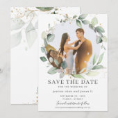 Chic Greenery Wreath Photo Save the Date Kaart (Voorkant / Achterkant)