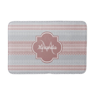 Chic Grey and Dusky Pink Stripes and Monogram Badmat