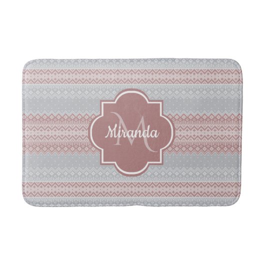Chic Grey and Dusky Pink Stripes and Monogram Badmat (Voorkant)