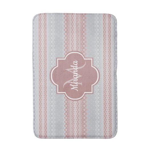 Chic Grey and Dusky Pink Stripes and Monogram Badmat (Voorkant Verticaal)