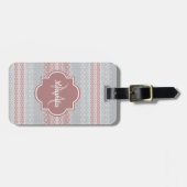Chic Grey and Dusky Pink Stripes and Monogram Bagagelabel (Voorkant horizontaal)