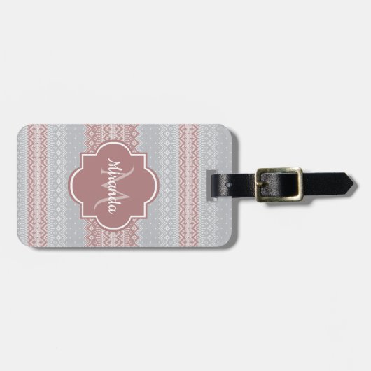 Chic Grey and Dusky Pink Stripes and Monogram Bagagelabel (Voorkant horizontaal)