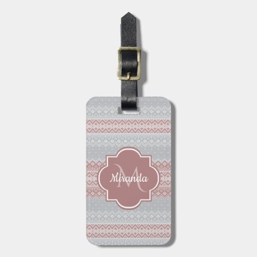 Chic Grey and Dusky Pink Stripes and Monogram Bagagelabel (Voorkant verticaal)