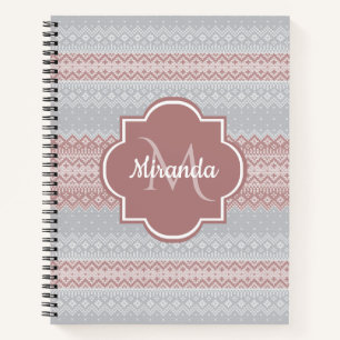 Chic Grey and Dusky Pink Stripes and Monogram Notitieboek