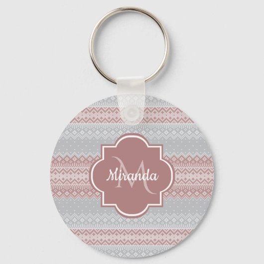 Chic Grey and Dusky Pink Stripes and Monogram Sleutelhanger (Voorkant)
