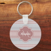 Chic Grey and Dusky Pink Stripes and Monogram Sleutelhanger (Voorkant)