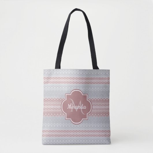 Chic Grey and Dusky Pink Stripes and Monogram Tote Bag (Voorkant)