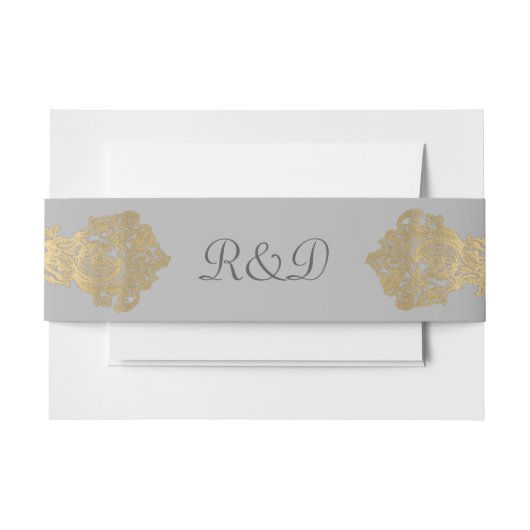 Chic Grey and Gold Monogrammed Wedding Belly Band Uitnodigingen Wikkel (Voorkant Voorbeeld)