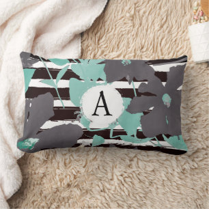 Chic Grey Blauwgroen Floral Stripe Monogramed Patt Kussen