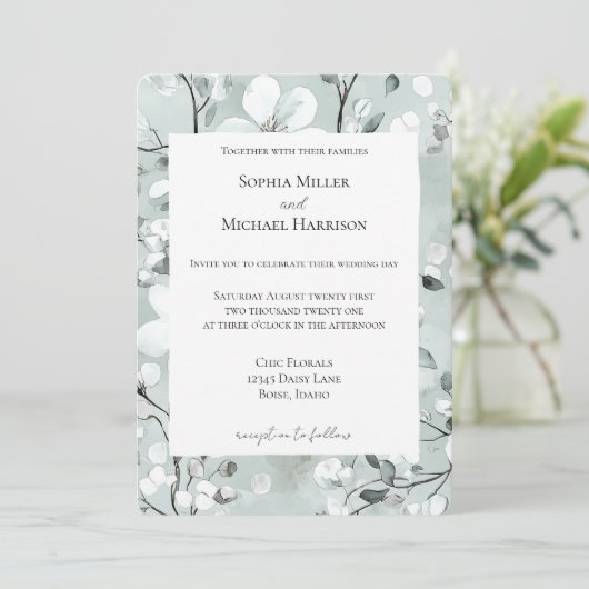 Chic Grey Blue White Floral Wedding Kaart (Staand voorkant)