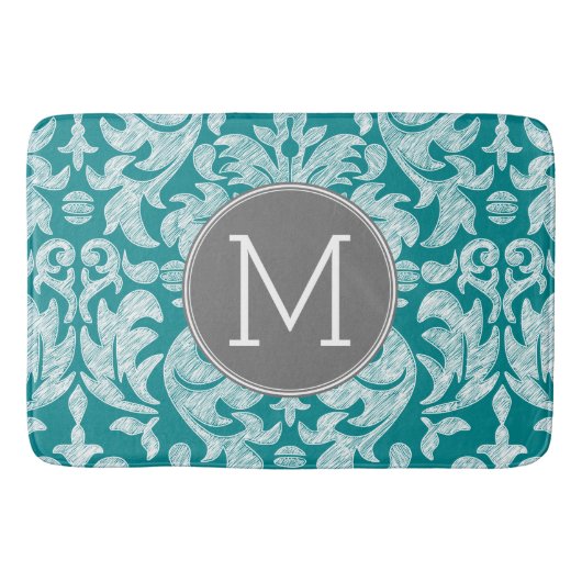 Chic Grey en Blauwgroen Damask Patroon - aangepast Badmat (Voorkant)