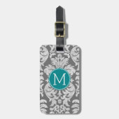 Chic Grey en Blauwgroen Damask Patroon - aangepast Bagagelabel (Voorkant verticaal)