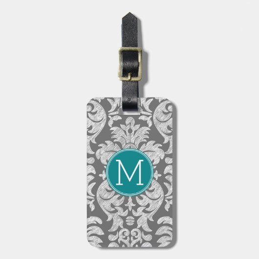 Chic Grey en Blauwgroen Damask Patroon - aangepast Bagagelabel (Voorkant verticaal)