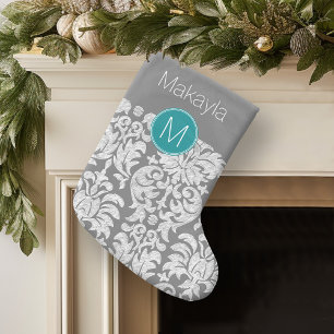 Chic Grey en Blauwgroen Damask Patroon - aangepast Grote Kerstsok