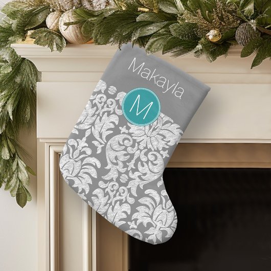 Chic Grey en Blauwgroen Damask Patroon - aangepast Grote Kerstsok