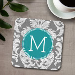 Chic Grey en Blauwgroen Damask Patroon - aangepast Kartonnen Onderzetters<br><div class="desc">Voeg je monogrammen toe aan deze trendy en feminine floral damkers met populaire kleuren. Het dametje heeft een grillig karton.</div>