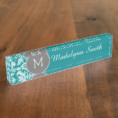 Chic Grey en Blauwgroen Damask Patroon - aangepast Naambordje (Zijkant)
