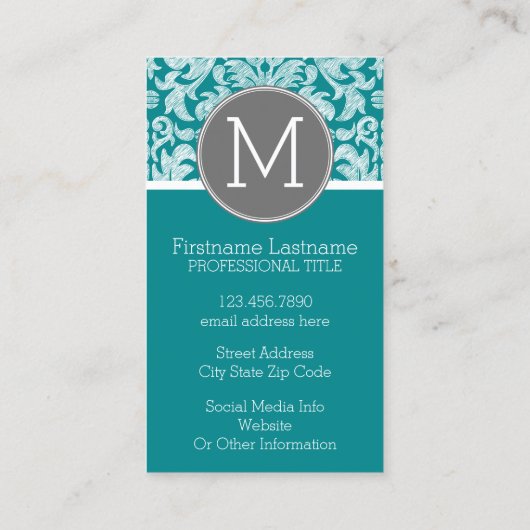 Chic Grey en Blauwgroen Damask Patroon - aangepast Visitekaartje (Achterkant)