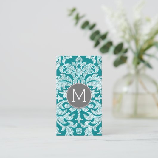 Chic Grey en Blauwgroen Damask Patroon - aangepast Visitekaartje (Staand voorkant)