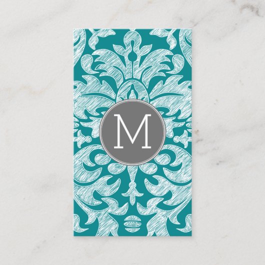 Chic Grey en Blauwgroen Damask Patroon - aangepast Visitekaartje (Voorkant)