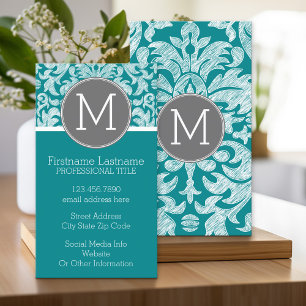 Chic Grey en Blauwgroen Damask Patroon - aangepast Visitekaartje
