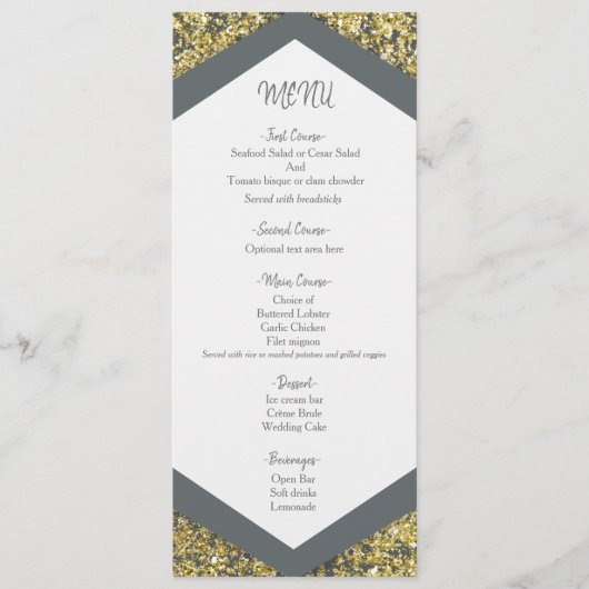 Chic Grey & Gold Glitter Flakes Glam Wedding Menu (Voorkant)