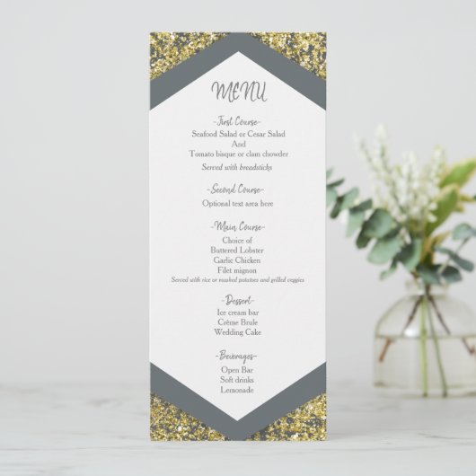 Chic Grey & Gold Glitter Flakes Glam Wedding Menu (Staand voorkant)