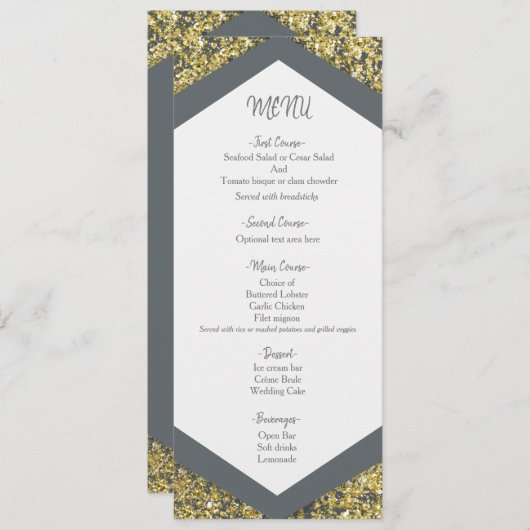 Chic Grey & Gold Glitter Flakes Glam Wedding Menu (Voorkant / Achterkant)