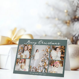 Chic Grey Green Christmas Photo Collage Folded Feestdagen Kaart