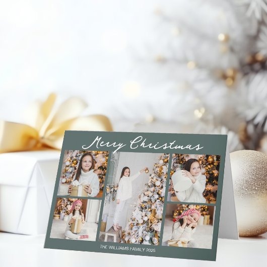 Chic Grey Green Christmas Photo Collage Folded Feestdagen Kaart