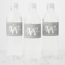 Chic Grey Monogram + Namen Modern Wedding Waterfles Etiket