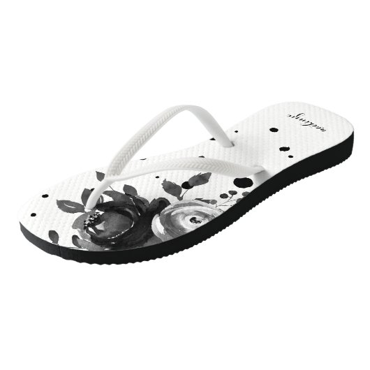 Chic Grey Waterverf Bloemen met Stippen en Naam to Teenslippers (Schuin)