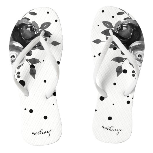 Chic Grey Waterverf Bloemen met Stippen en Naam to Teenslippers (Voetbed)
