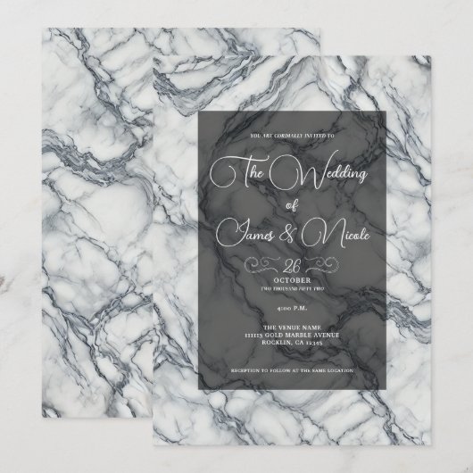 Chic Grey & White Trendy Marble Glam Huwelijk Kaart (Voorkant / Achterkant)