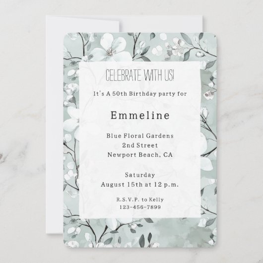 Chic Grey Witte Bloemen Verjaardag Kaart (Voorkant)