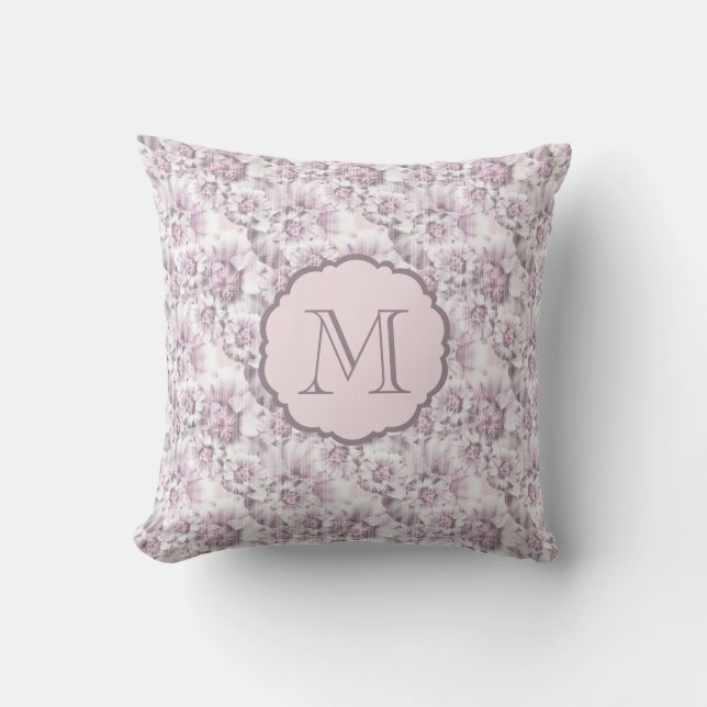 Chic grijs en roze bloemmotief monogram kussen (Voorkant)