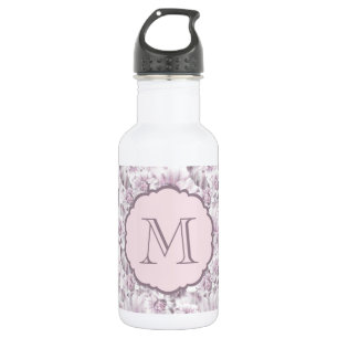 Chic grijs en roze bloemmotief monogram waterfles