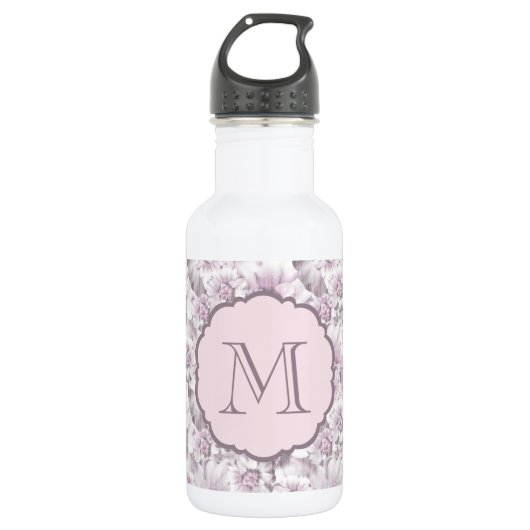 Chic grijs en roze bloemmotief monogram waterfles (Voorkant)