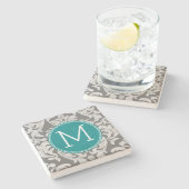 Chic grijs en turquoise damastpatroon met eigen mo stenen onderzetter (Zijkant)