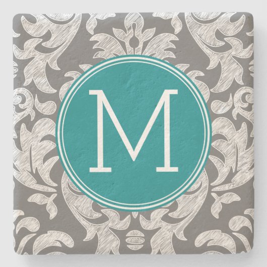 Chic grijs en turquoise damastpatroon met eigen mo stenen onderzetter (Voorkant)