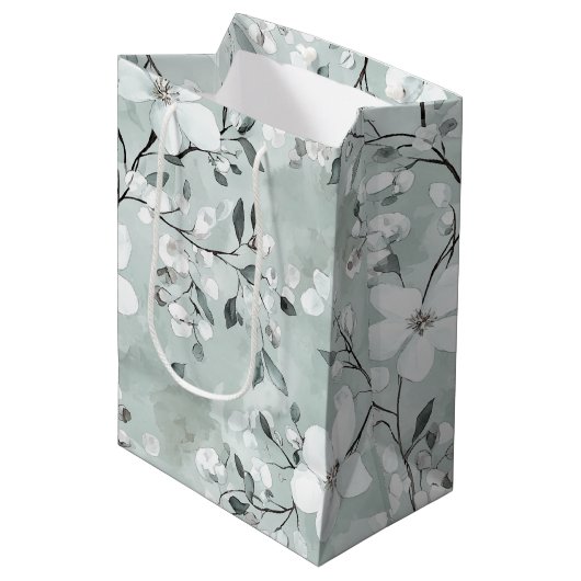 Chic grijs wit blauwe bloemige bruidsdouche medium cadeauzakje (Voorkant Gekanteld)