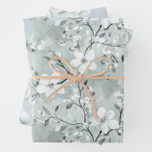 Chic Grijs Witte Bloemen Libellen Bruidsmeisjesfee Inpakpapier Vel (In situ)