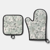 Chic grijs witte bloemen ovenwant & pannenlap set (Voorkant)