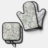 Chic grijs witte bloemen ovenwant & pannenlap set (Voorkant / Achterkant)
