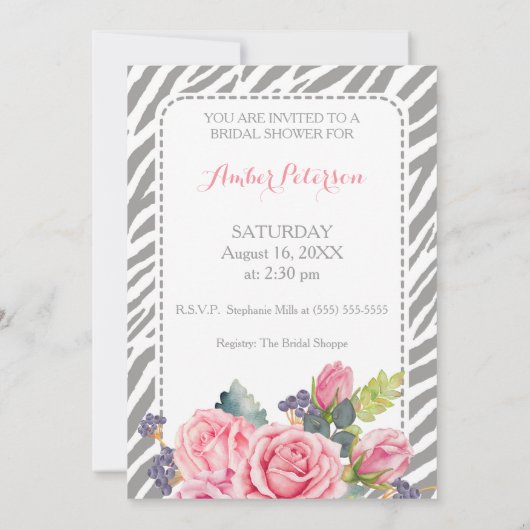 Chic grijs zebraprint met roze rozen bruidsdiner kaart (Achterkant)