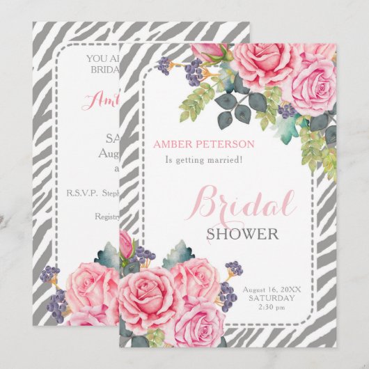 Chic grijs zebraprint met roze rozen bruidsdiner kaart (Voorkant / Achterkant)